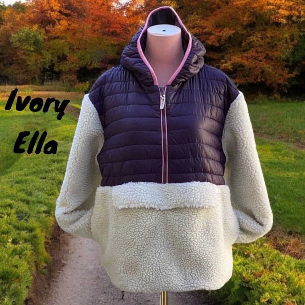 IVORY ELLA FLEECE PUFFER JACKET COAT HOODIE  MEDIUM 3/4 ZIP